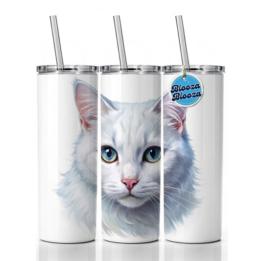 White Cat Illustration Skinny Tumbler 20oz with Straw Insulated Water Bottle Gift