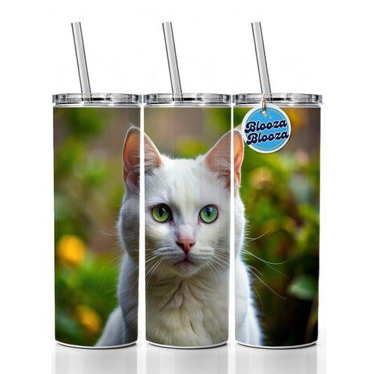 White Cat Photo Skinny Tumbler 20oz with Straw Insulated Water Bottle Gift