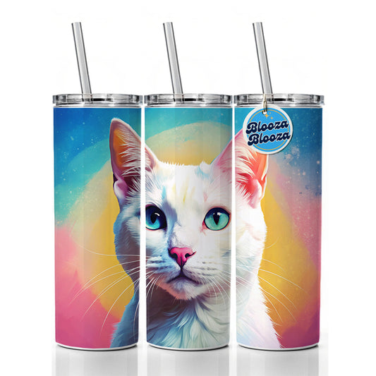 White Cat Pop Art Skinny Tumbler 20oz with Straw Insulated Water Bottle Gift