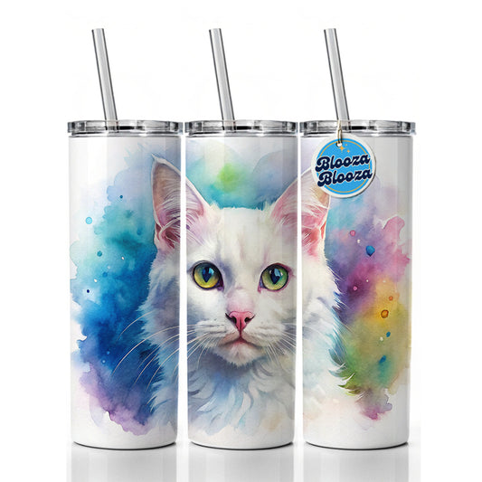 White Cat Watercolor Style Skinny Tumbler 20oz with Straw Insulated Water Bottle Gift