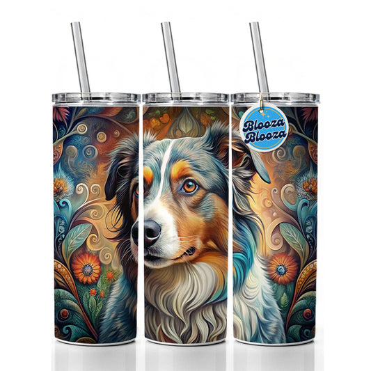 Australian Shepherd Dog Bohemian Art Skinny Tumbler 20oz with Straw Insulated Water Bottle Gift