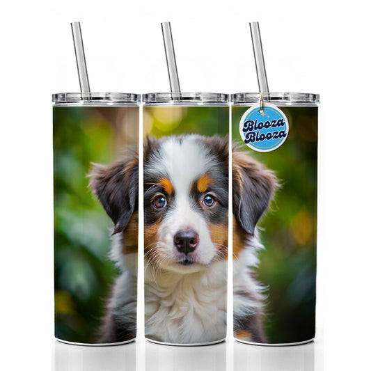 Australian Shepherd Dog Puppy Photo Skinny Tumbler 20oz with Straw Insulated Water Bottle Gift