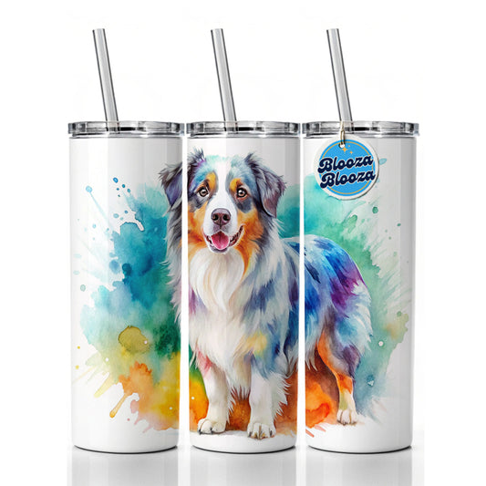 Australian Shepherd Dog Watercolor Style Skinny Tumbler 20oz with Straw Insulated Water Bottle Gift