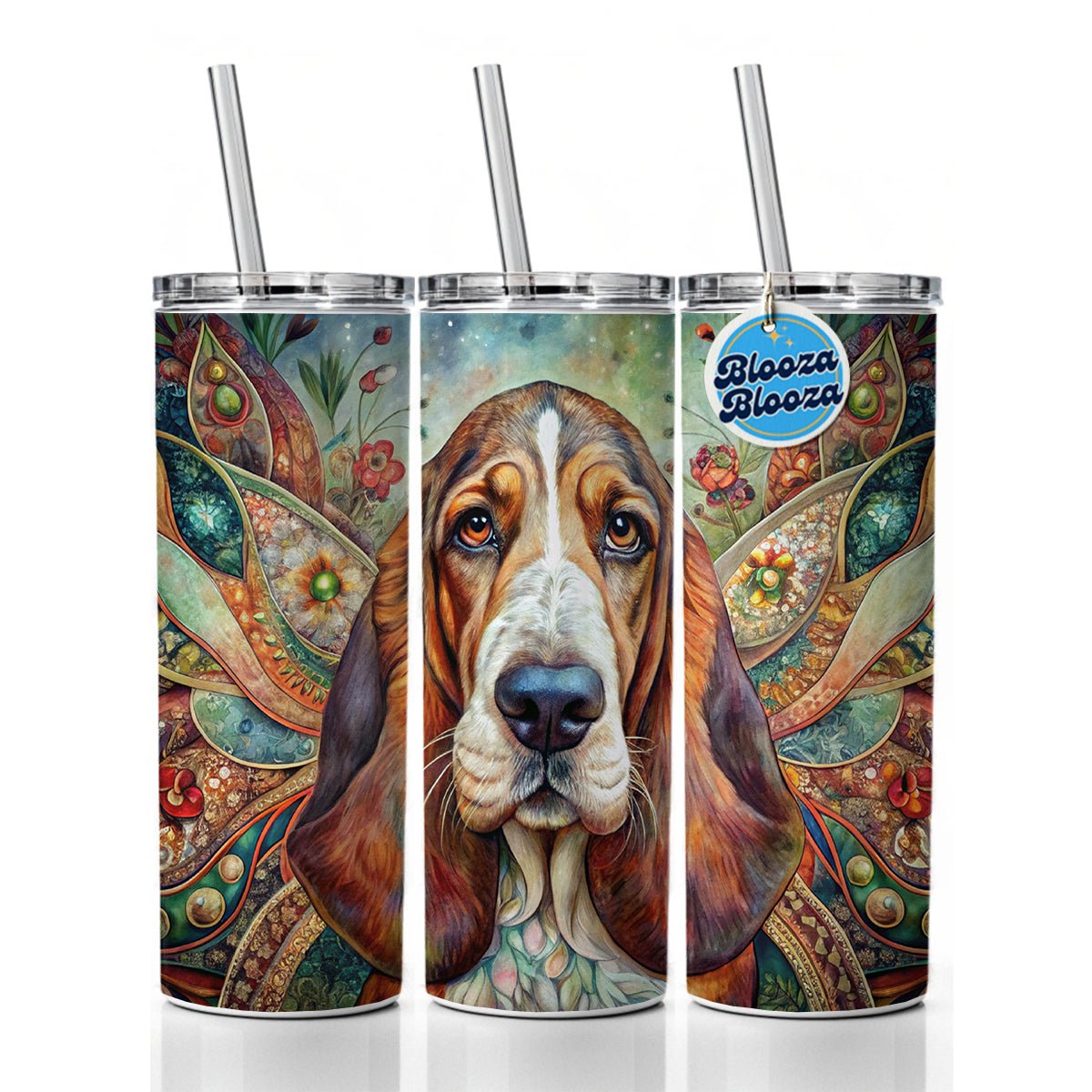 Basset Hound Dog Bohemian Art Skinny Tumbler 20oz with Straw Insulated Water Bottle Gift