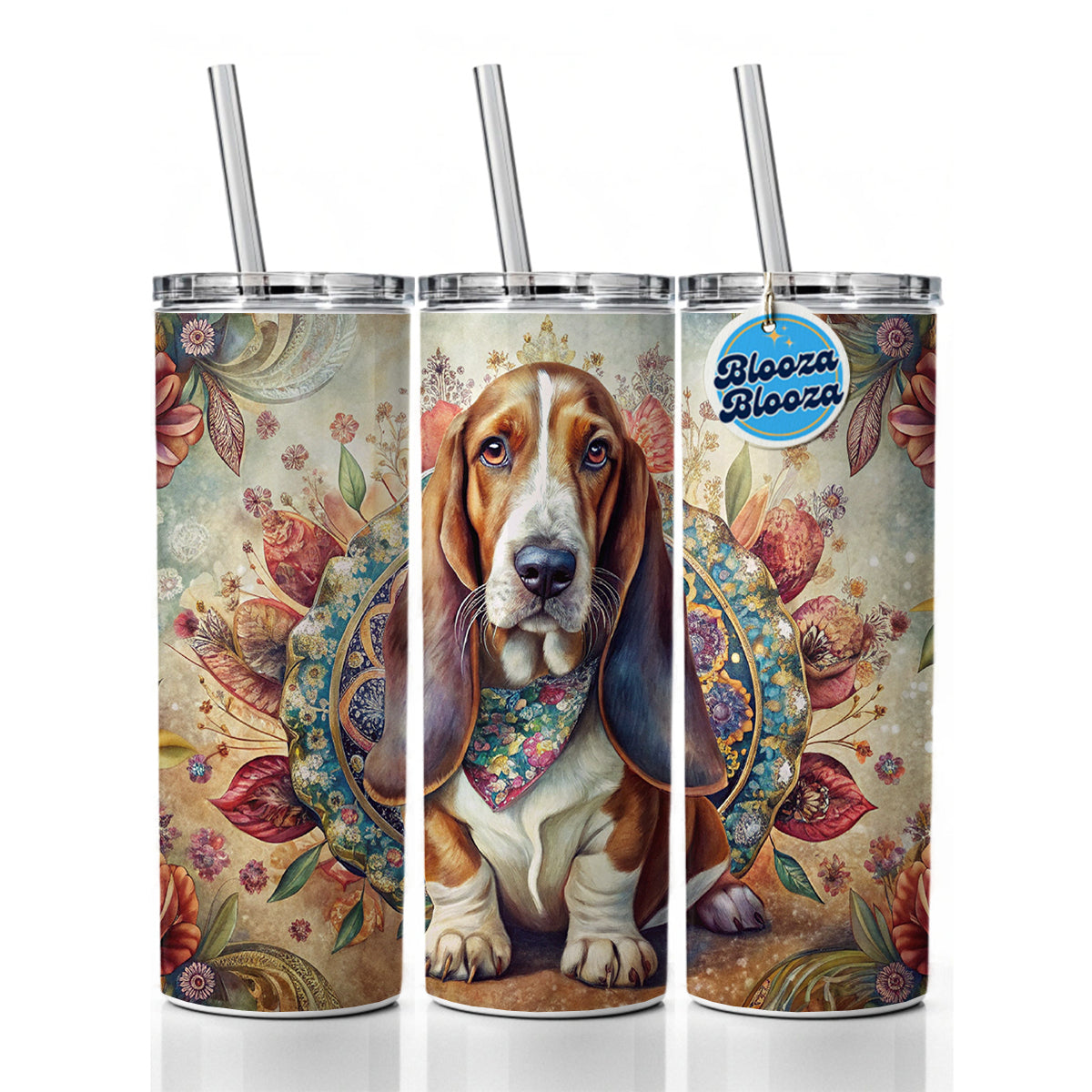 Basset Hound Dog French Bohemian Art Skinny Tumbler 20oz with Straw Insulated Water Bottle Gift