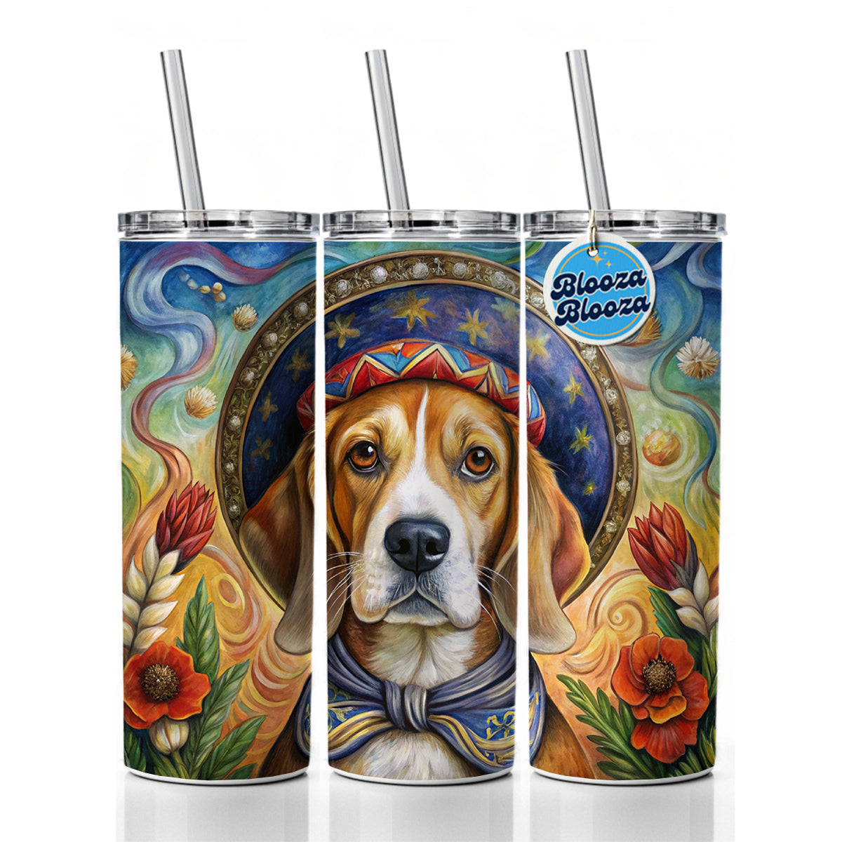 Beagle Dog French Bohemian Art Skinny Tumbler 20oz with Straw Insulated Water Bottle Gift