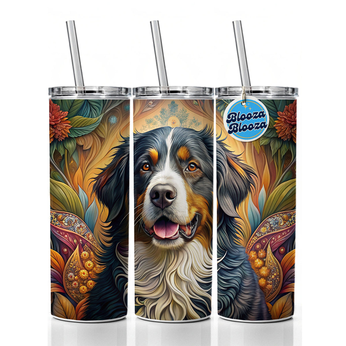 Bernese Mountain Dog Bohemian Art Skinny Tumbler 20oz with Straw Insulated Water Bottle Gift
