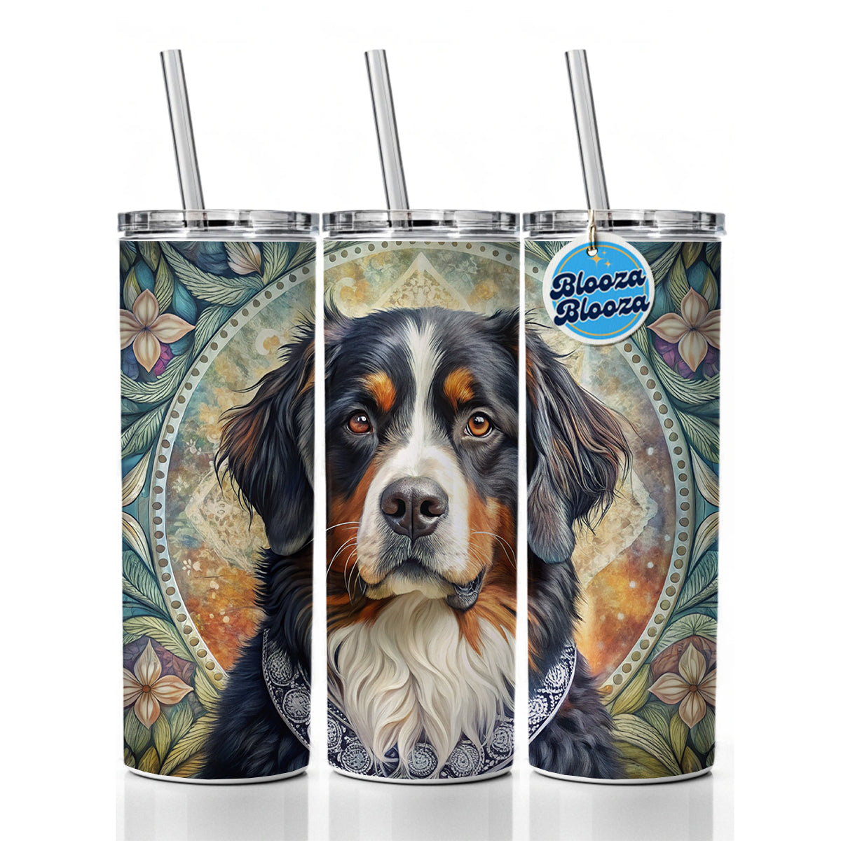 Bernese Mountain Dog French Bohemian Art Skinny Tumbler 20oz with Straw Insulated Water Bottle Gift