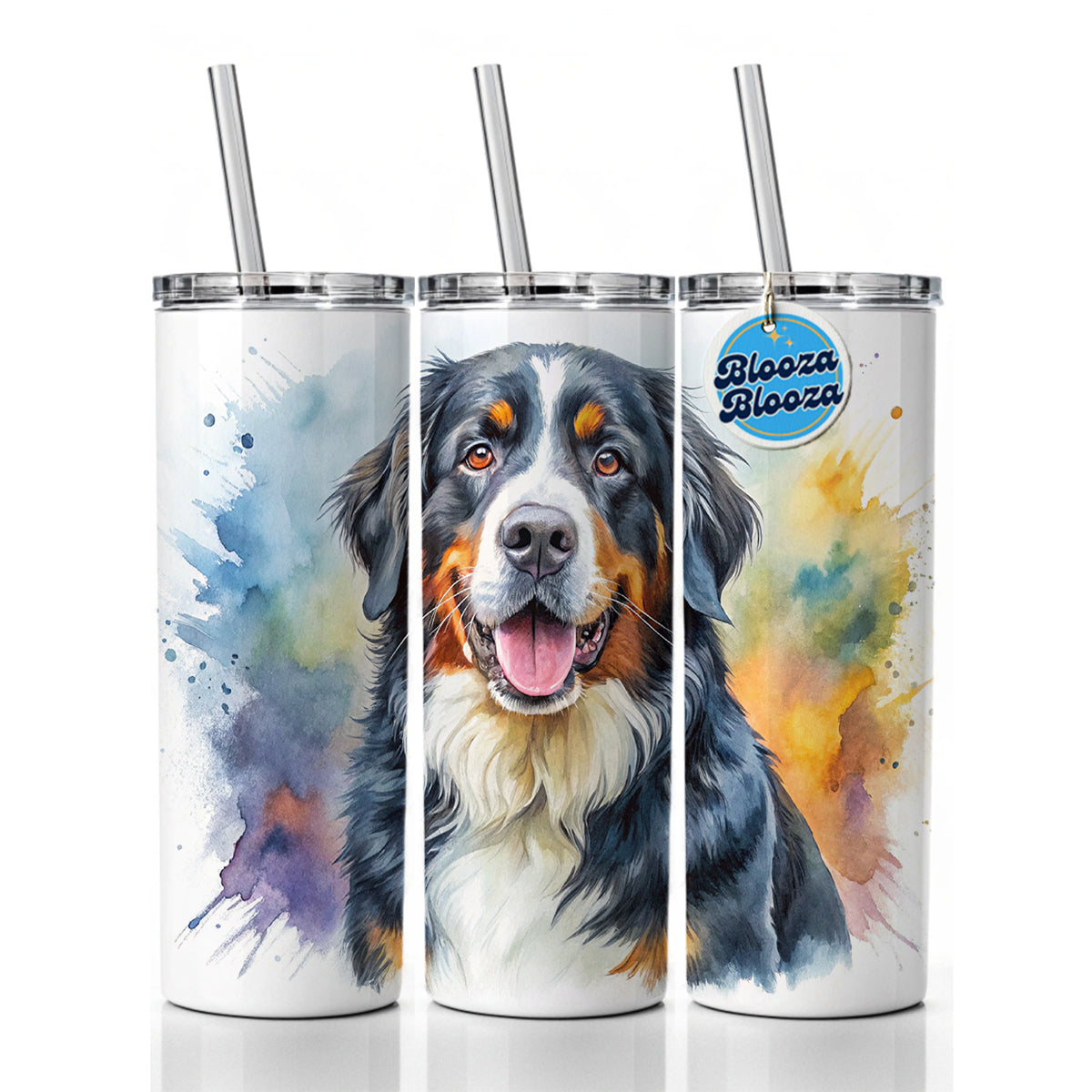 Bernese Mountain Dog Watercolor Style Skinny Tumbler 20oz with Straw Insulated Water Bottle Gift