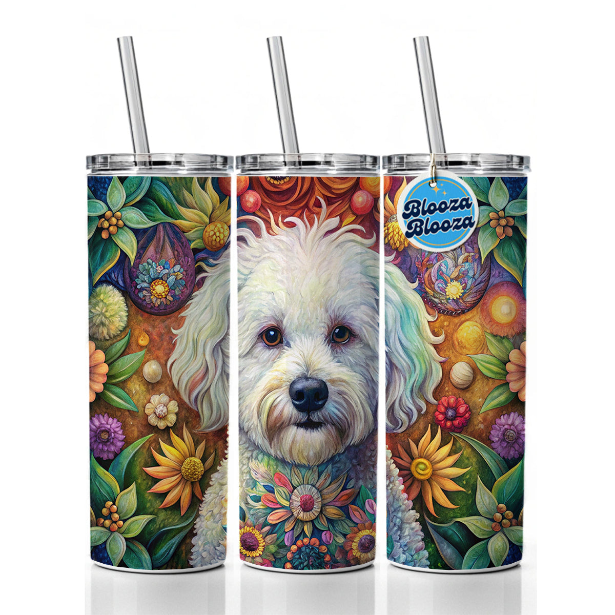 Bichon Frise Dog French Bohemian Art Skinny Tumbler 20oz with Straw Insulated Water Bottle Gift