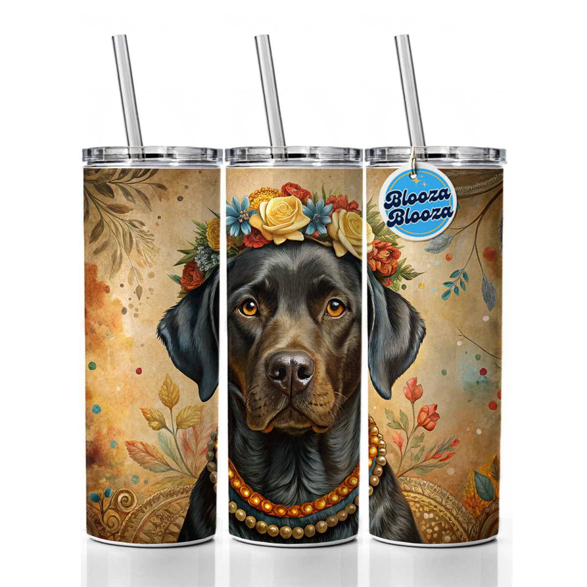 Black Labrador Retriever Dog French Bohemian Art Skinny Tumbler 20oz with Straw Insulated Water Bottle Gift