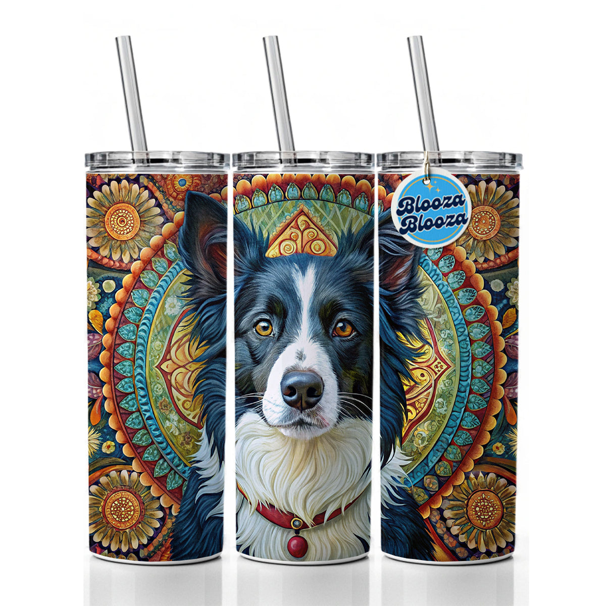 Border Collie Dog Bohemian Art Skinny Tumbler 20oz with Straw Insulated Water Bottle Gift
