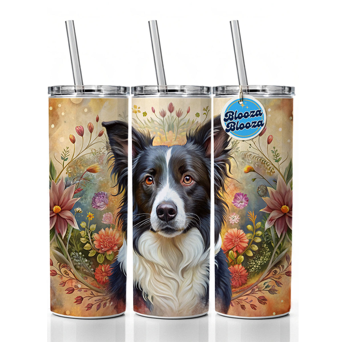 Border Collie Dog French Bohemian Art Skinny Tumbler 20oz with Straw Insulated Water Bottle Gift