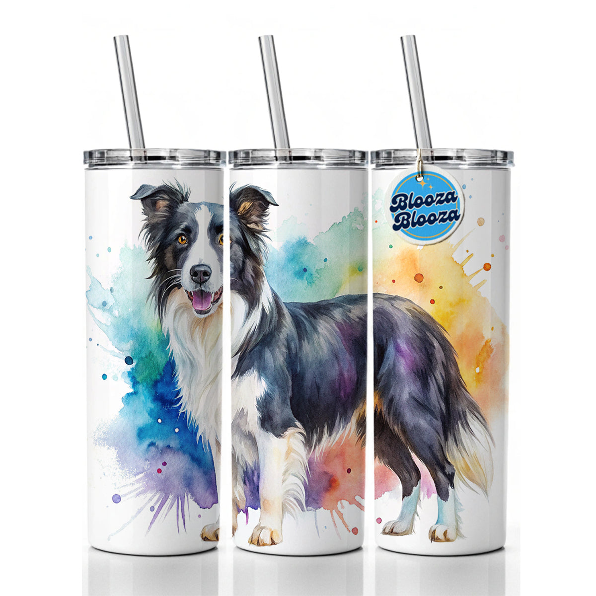 Border Collie Dog Watercolor Style Skinny Tumbler 20oz with Straw Insulated Water Bottle Gift