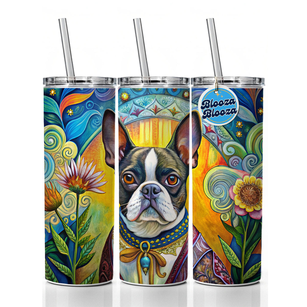 Boston Terrier Dog French Bohemian Art Skinny Tumbler 20oz with Straw Insulated Water Bottle Gift