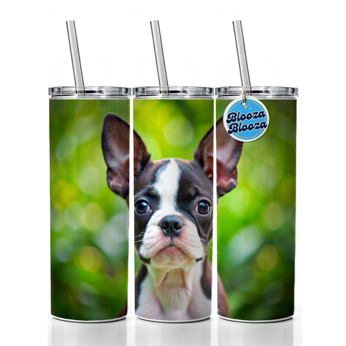 Boston Terrier Dog Puppy Photo Skinny Tumbler 20oz with Straw Insulated Water Bottle Gift