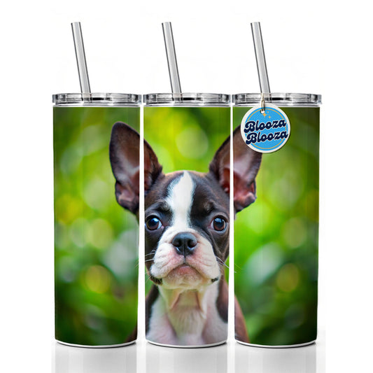 Boston Terrier Dog Puppy Photo Skinny Tumbler 20oz with Straw Insulated Water Bottle Gift