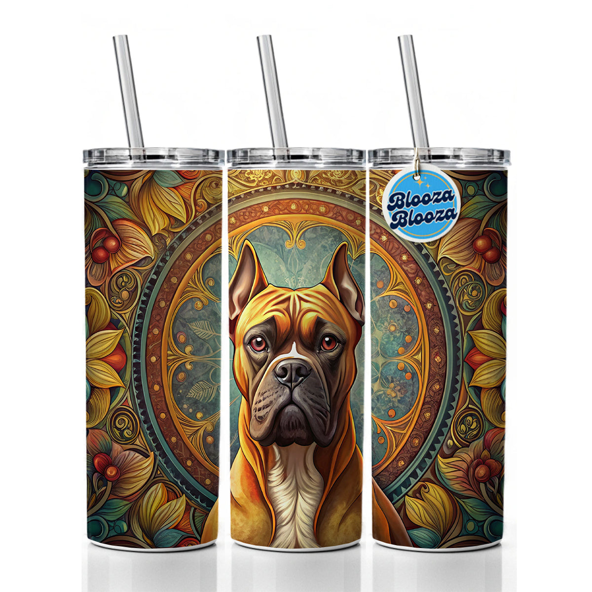 Boxer Dog Art Nouveau Skinny Tumbler 20oz with Straw Insulated Water Bottle Gift