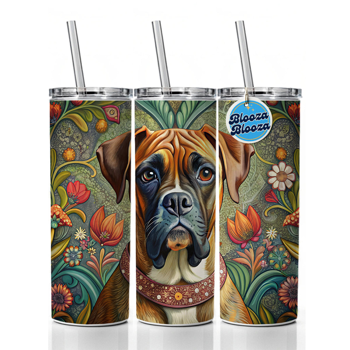Boxer Dog French Bohemian Art Skinny Tumbler 20oz with Straw Insulated Water Bottle Gift