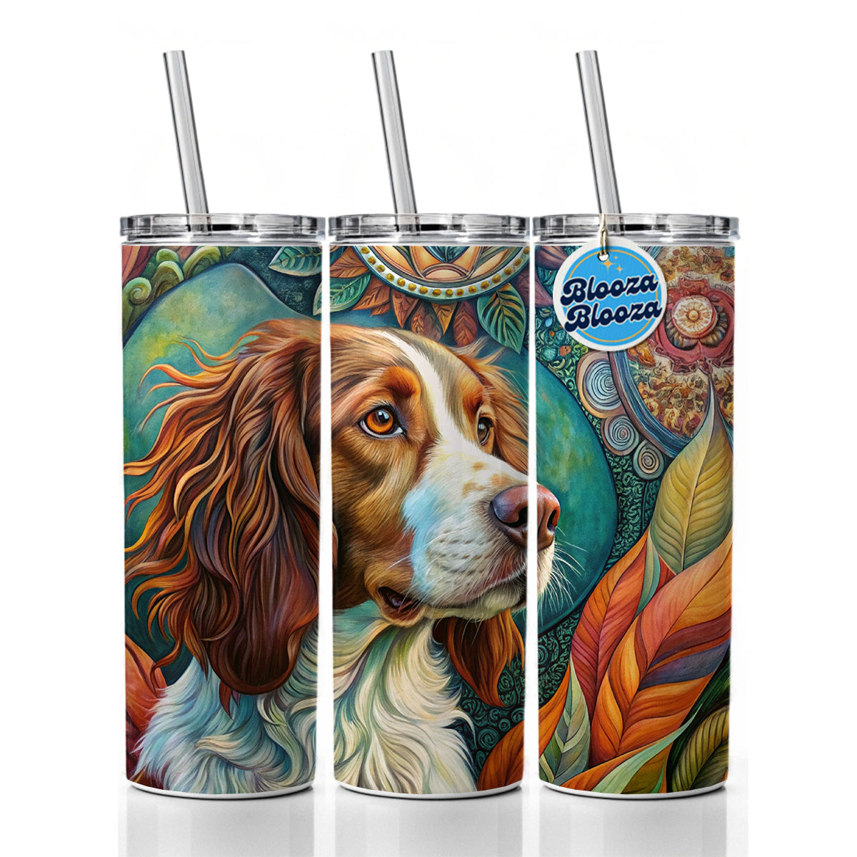 Brittany Spaniel Dog Bohemian Art Skinny Tumbler 20oz with Straw Insulated Water Bottle Gift