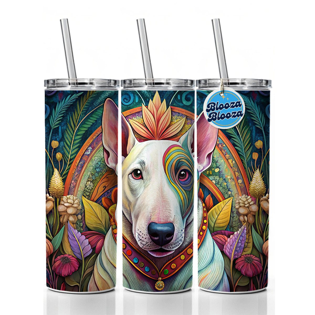 Bull Terrier Dog French Bohemian Art Skinny Tumbler 20oz with Straw Insulated Water Bottle Gift
