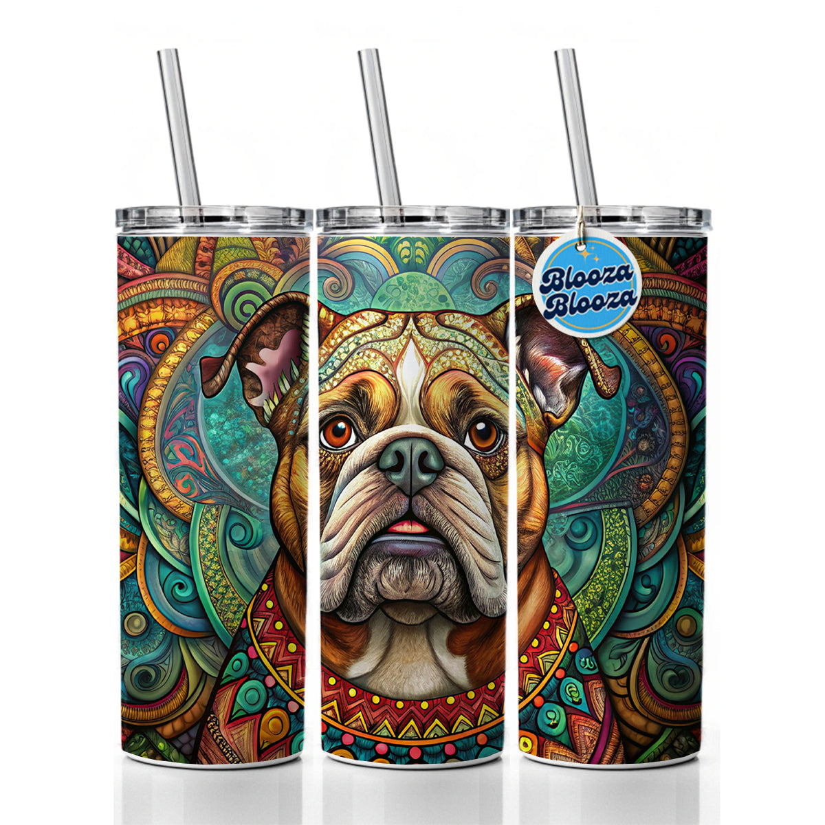 Bulldog Dog Bohemian Art Skinny Tumbler 20oz with Straw Insulated Water Bottle Gift