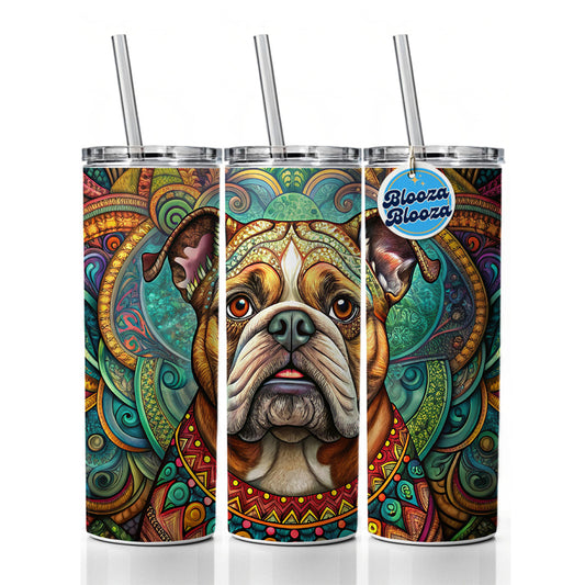 Bulldog Dog Bohemian Art Skinny Tumbler 20oz with Straw Insulated Water Bottle Gift