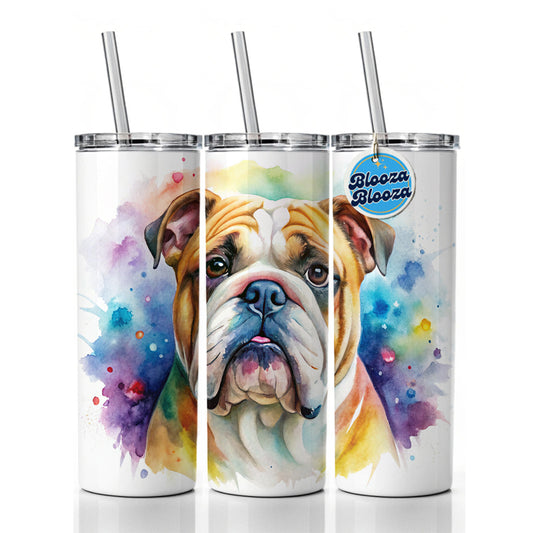 Bulldog Dog Watercolor Style Skinny Tumbler 20oz with Straw Insulated Water Bottle Gift