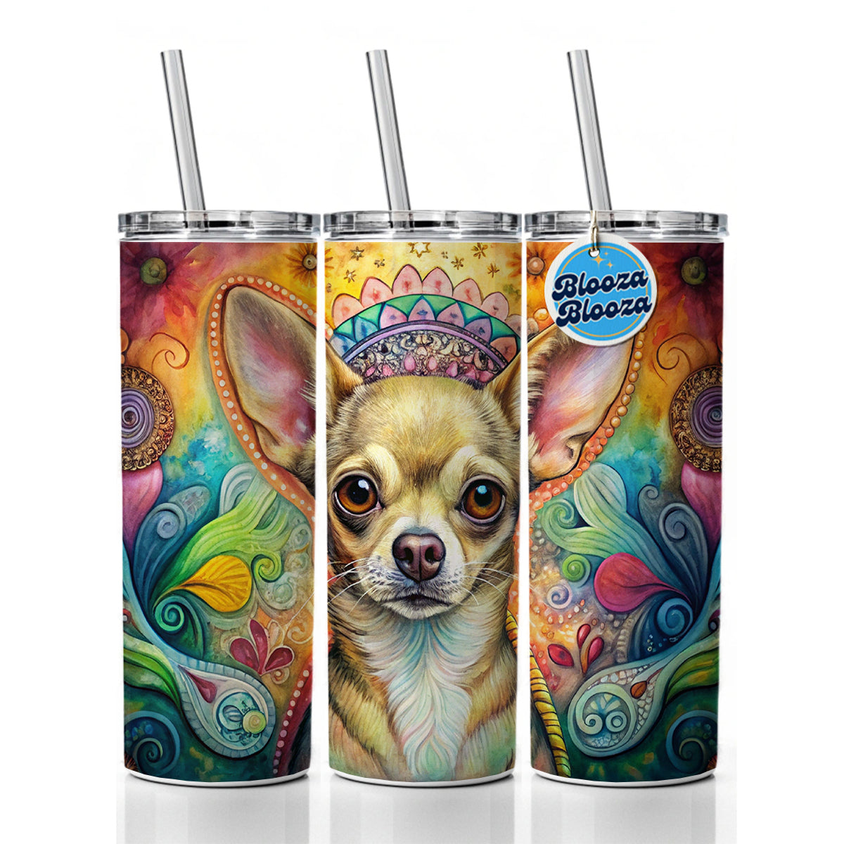 Chihuahua Dog Bohemian Art Skinny Tumbler 20oz with Straw Insulated Water Bottle Gift