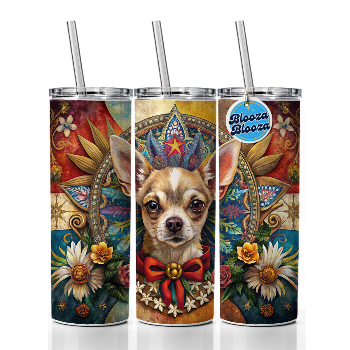 Chihuahua Dog French Bohemian Art Skinny Tumbler 20oz with Straw Insulated Water Bottle Gift