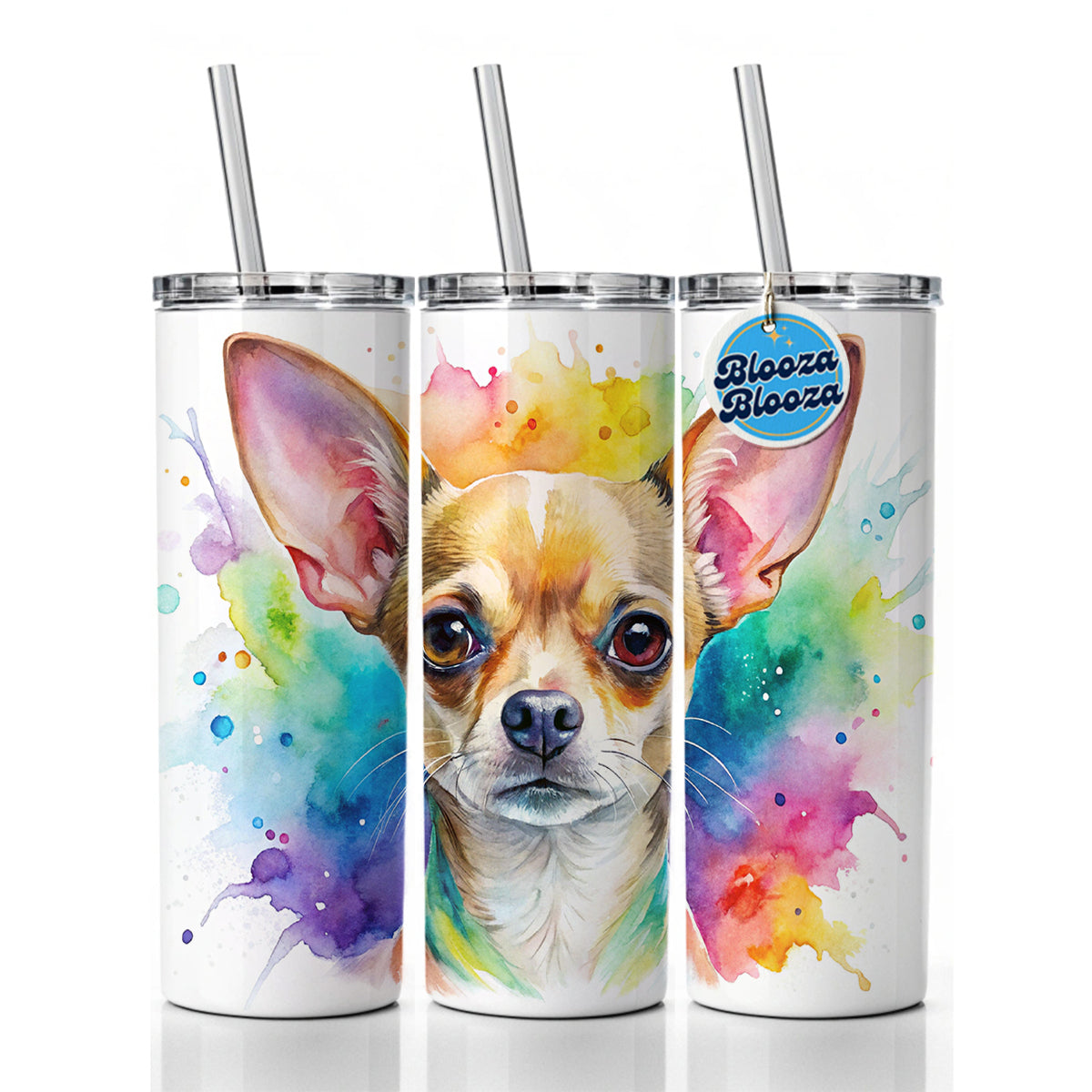 Chihuahua Dog Watercolor Style Skinny Tumbler 20oz with Straw Insulated Water Bottle Gift
