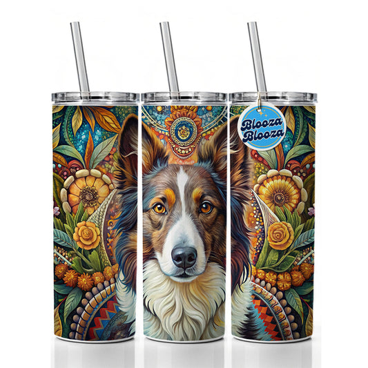 Collie Dog French Bohemian Art Skinny Tumbler 20oz with Straw Insulated Water Bottle Gift