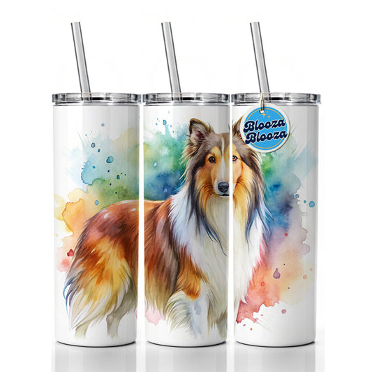 Collie Dog Watercolor Style Skinny Tumbler 20oz with Straw Insulated Water Bottle Gift