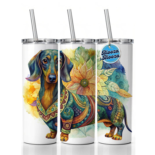 Dachshund Dog Bohemian Art Skinny Tumbler 20oz with Straw Insulated Water Bottle Gift