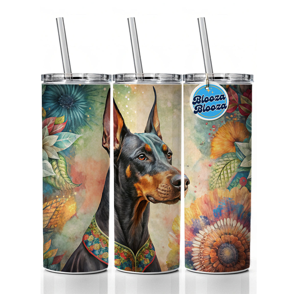 Doberman Pinscher Dog Bohemian Art Skinny Tumbler 20oz with Straw Insulated Water Bottle Gift
