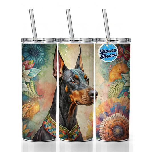 Doberman Pinscher Dog Bohemian Art Skinny Tumbler 20oz with Straw Insulated Water Bottle Gift