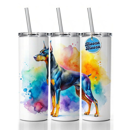 Doberman Pinscher Dog Watercolor Style Skinny Tumbler 20oz with Straw Insulated Water Bottle Gift