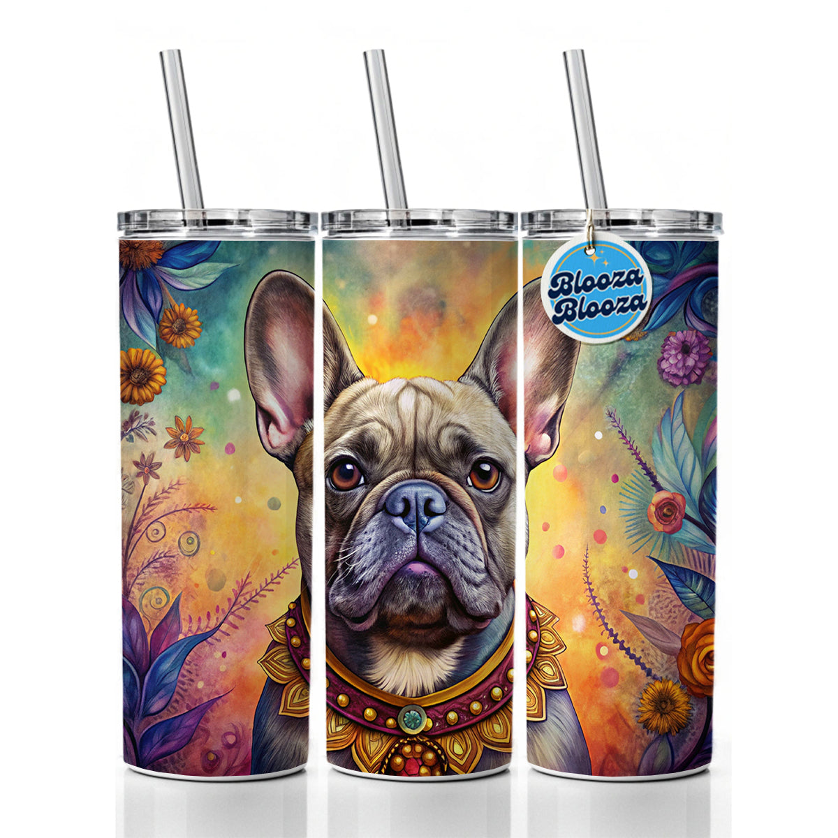 French Bulldog Frenchie Dog Bohemian Art Skinny Tumbler 20oz with Straw Insulated Water Bottle Gift
