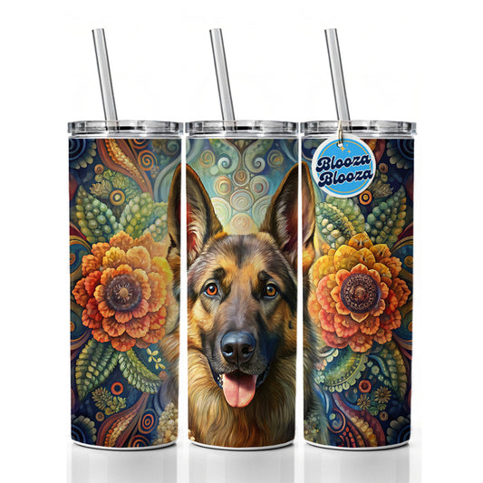 German Shepherd Dog Bohemian Art Skinny Tumbler 20oz with Straw Insulated Water Bottle Gift