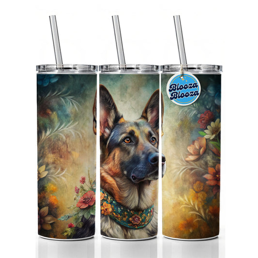 German Shepherd Dog French Bohemian Art Skinny Tumbler 20oz with Straw Insulated Water Bottle Gift