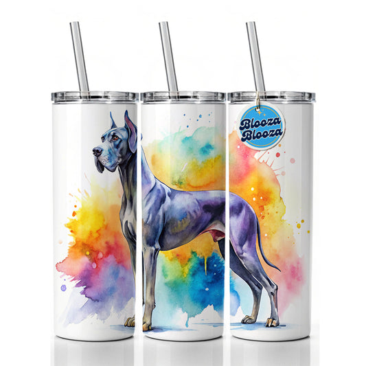 Great Dane Dog Watercolor Style Skinny Tumbler 20oz with Straw Insulated Water Bottle Gift