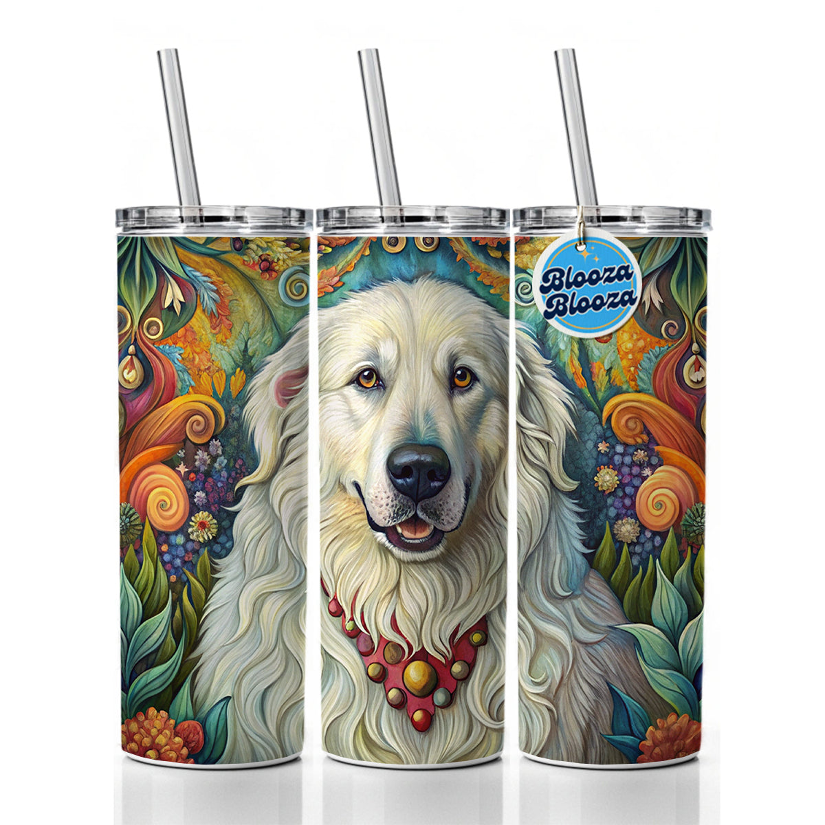 Great Pyrenees Dog French Bohemian Art Skinny Tumbler 20oz with Straw Insulated Water Bottle Gift