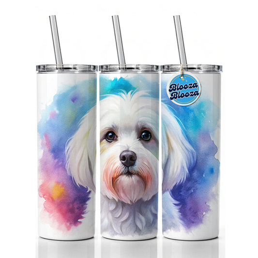 Maltese Dog Watercolor Style Skinny Tumbler 20oz with Straw Insulated Water Bottle Gift