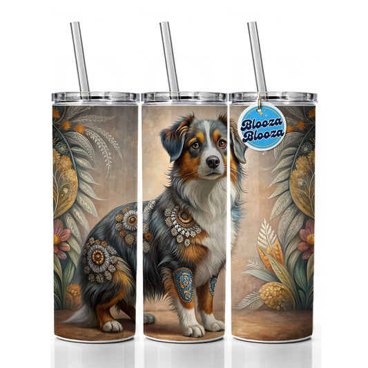 Miniature American Shepherd Dog Bohemian Art Skinny Tumbler 20oz with Straw Insulated Water Bottle Gift