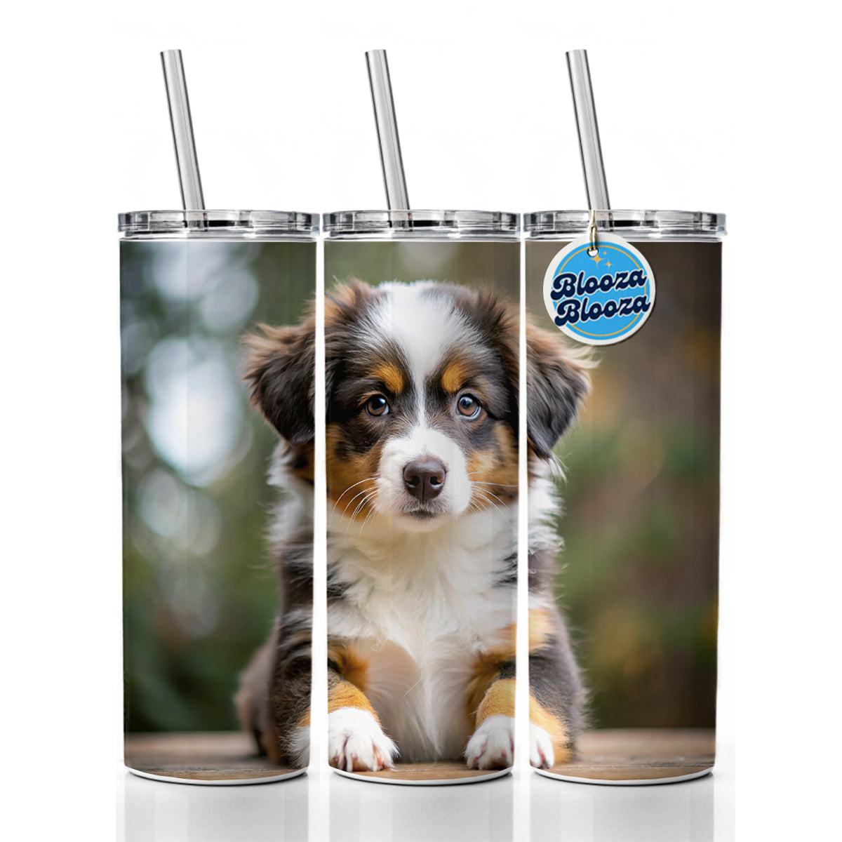 Miniature American Shepherd Dog Puppy Photo Skinny Tumbler 20oz with Straw Insulated Water Bottle Gift
