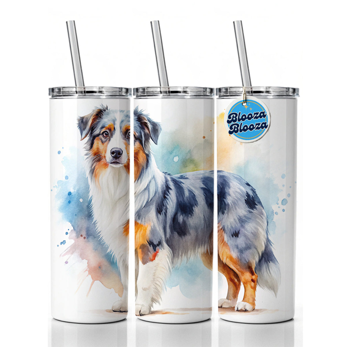 Miniature American Shepherd Dog Watercolor Style Skinny Tumbler 20oz with Straw Insulated Water Bottle Gift