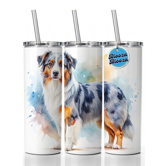 Miniature American Shepherd Dog Watercolor Style Skinny Tumbler 20oz with Straw Insulated Water Bottle Gift
