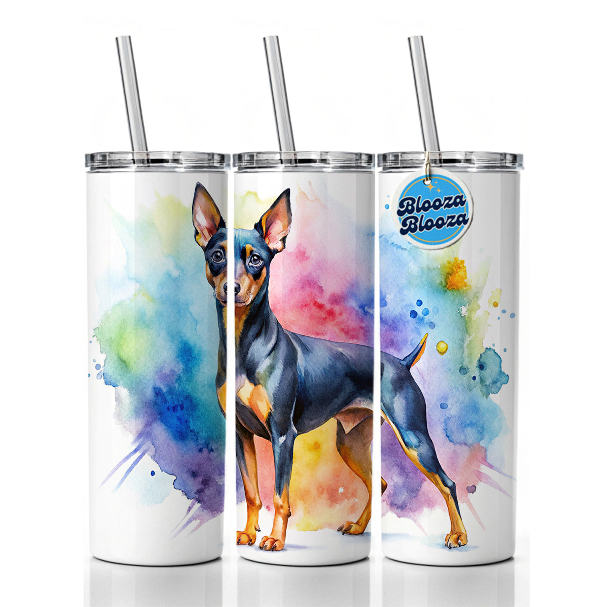 Miniature Pinscher Dog Watercolor Style Skinny Tumbler 20oz with Straw Insulated Water Bottle Gift