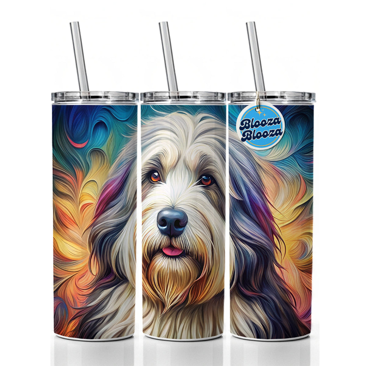 Old English Sheepdog Dog French Bohemian Art Skinny Tumbler 20oz with Straw Insulated Water Bottle Gift