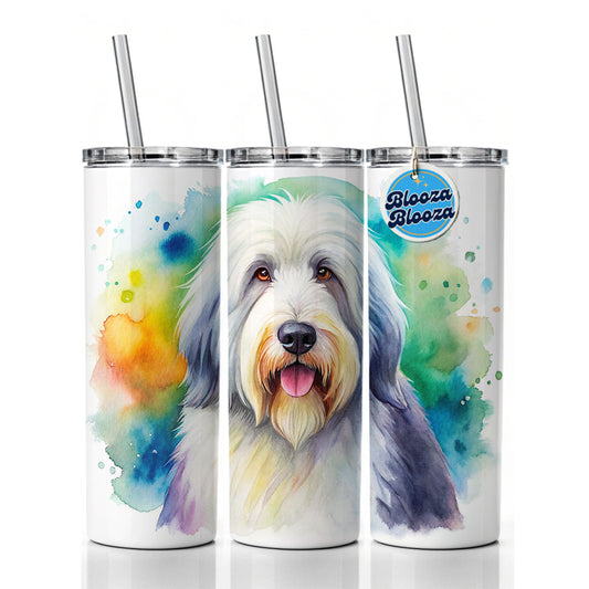 Old English Sheepdog Dog Watercolor Style Skinny Tumbler 20oz with Straw Insulated Water Bottle Gift